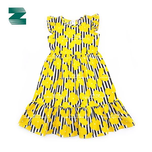 Vestit estampat de coll rodó sense mànigues teixit de cotó amb volants